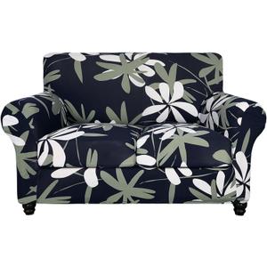 SearchI Stretch Sofa Cover Printed Couch Cover, Floral Pattern 3 Pieces Loveseat Slipcover with 2 Separate Cushion Cover, Washable Furniture Protector for Living Room(Loveseat, Navy Blue)