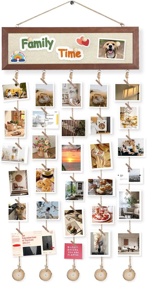 Hanging Photo Display with 30 Clips and Linen Board, Rustic Wood Picture Frames Collage for Wall Decor, Vintage Dorm Room Bedroom Home Decor, Gifts for Women, Teens and Girls (Beige)