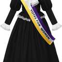 ReliBeauty Susan B Anthony Costume for Girls, Black Victorian Era Colonial Dress with Puff Sleeves & Sash (Black, M)