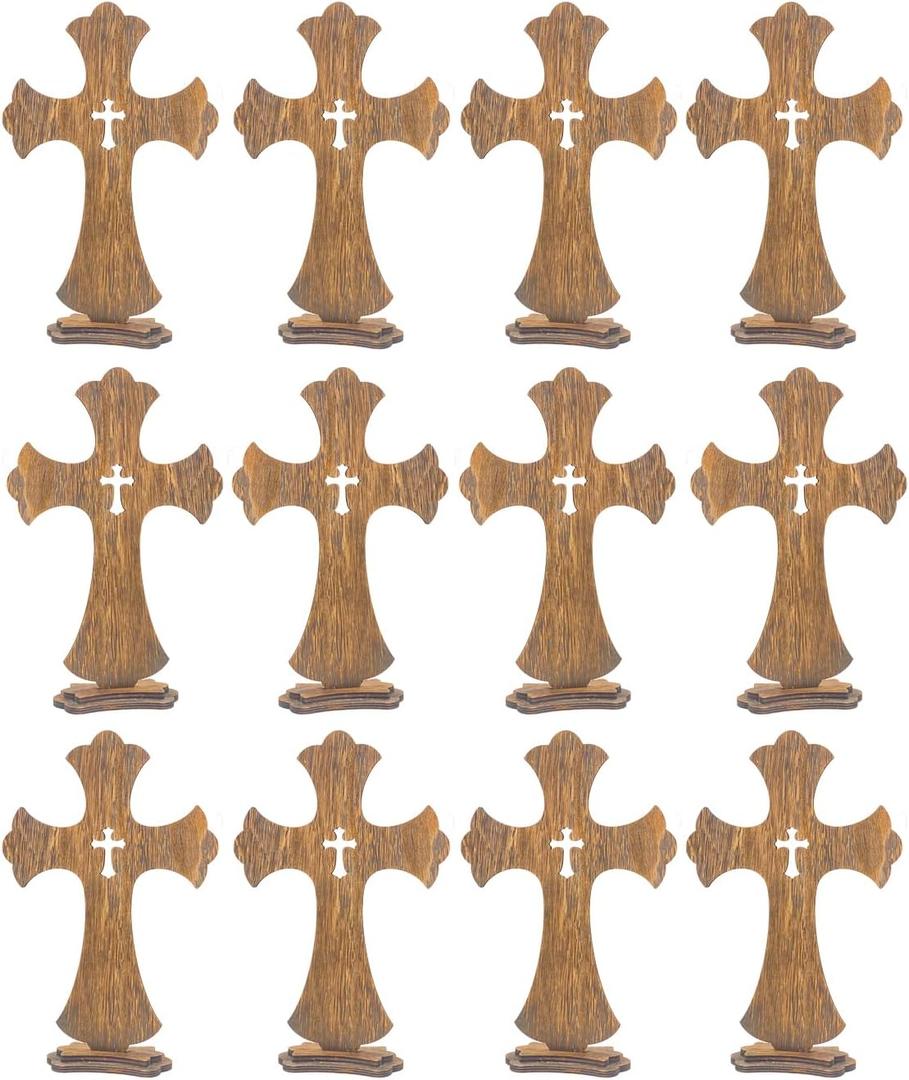 12 Inch 12 Pack Brown Wood Crosses Torched Wooden Tabletop Cross Rustic Standing Cross for Baptism Centerpieces Home Church Decor Prayer Gifts