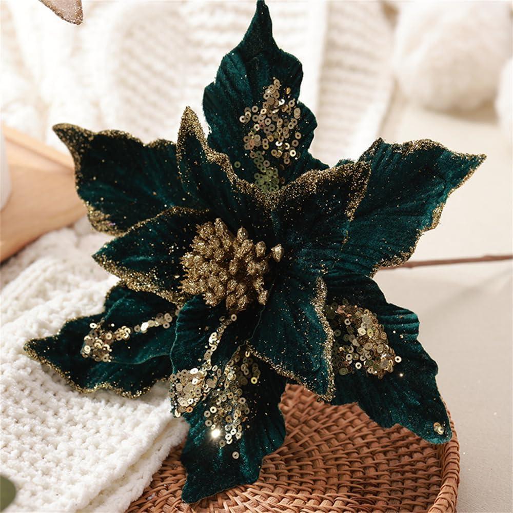 Ansho Pack of 6 Glitter Poinsettia Flower 11 Inches Large Artificial Christmas Flower Decoration Christmas Tree Ornaments Wreath Garland Decoration (Green)