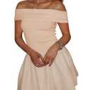 Wenrine Womens Off The Shoulder Mini Dress Summer Casual Ruffle Ribbed Slim Fit Sexy Club Party Dresses Apricot, Small 