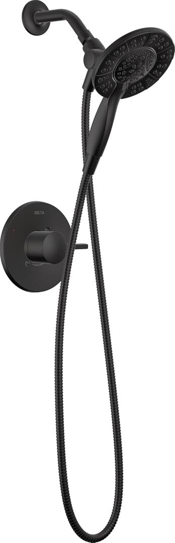 Delta Faucet Albion 14 Series Single-Handle Shower Faucet, Black Shower Trim Kit with 4-Setting In2ition 2-in-1 Dual Hand Held Shower Head with Hose, Matte Black T142855-BL-I (Valve Not Included)