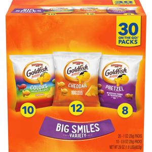 Goldfish Crackers Big Smiles Variety Pack with Cheddar, Colors, and Pretzels, Snack Packs, 30 Ct (EXP 08/17/25)