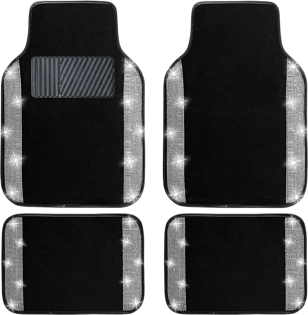 NBTEPEM Bling Car Floor Mats Full Set, Universal Fit Most Cars, SUV, Trucks, 4 pcs Sparkle Glitter Diamond Carpet for Women Girls with Anti-Slip Pad (Silver Diamond)