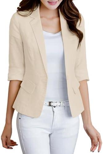 Mina Self 2025 Women's Summer Linen Blazer 3/4 Sleeve Lightweight Fully-Lined Slim Elegant Casual Work Jacket with Pockets M