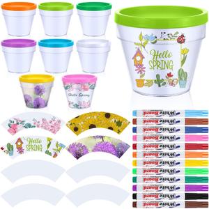 Meanplan 28 Pcs Spring Crafts 16 Spring DIY Flower Pots Paint Your Own Ornament Kit DIY Craft Flower Pot 12 Colorful Markers, Decorate Your Own Home