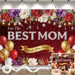 Mothers Day Backdrop 8x6FT Happy Mothers Day Banner with Ribbon, Large Polyester Mothers Day Banner with 4 Brass Grommets for Mothers Day Party Decorations Photography Background