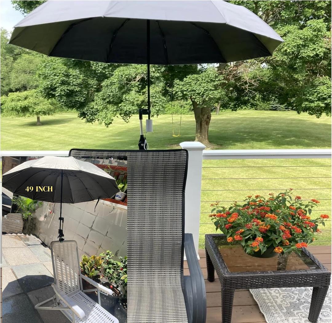 Large 49 inch Chair-Umbrella-with-Clamp-Adjustable-Kit with Bonus Snack Box, UPF50+ Sun Shade Umbrellas-for-Beach Patio Travel Camping Wheelchair Golf Cart,Portable Clip-On-Beach Chair-With-Umbrella,