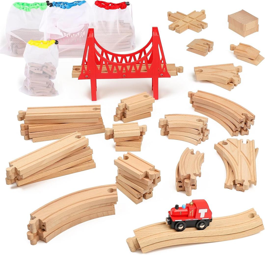Wooden Train Tracks 60 Piece Set, Track Expansion Accessories for Toddlers 3-5 - 100% Compatible with All Major Brands Including Thomas & Brio Wooden Railway System