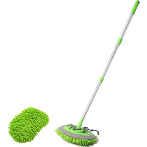 Car Wash Brush with Long Handle & 2pcs Car Wash Mitt Scratch Free, Soft Scrub Car Wash Brush, Car Wash Mops with Flexible Rotatory Extension Pole - Green