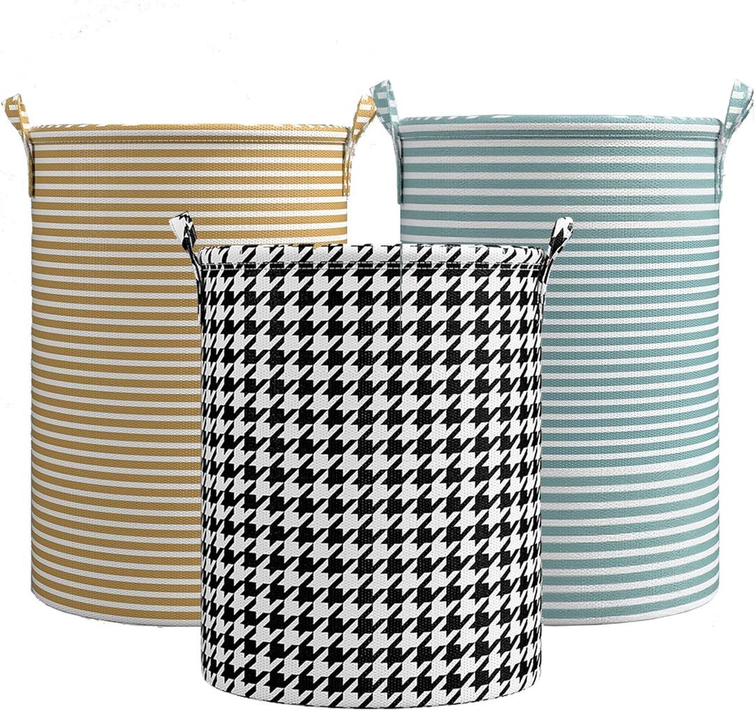 Harborway 3 Pack Laundry Hamper Collapsible Large Waterproof Cotton Linen Clothes Hamper with Handles Freestanding for Home Dorm Bathroom Bedroom Campin (Art Deco)