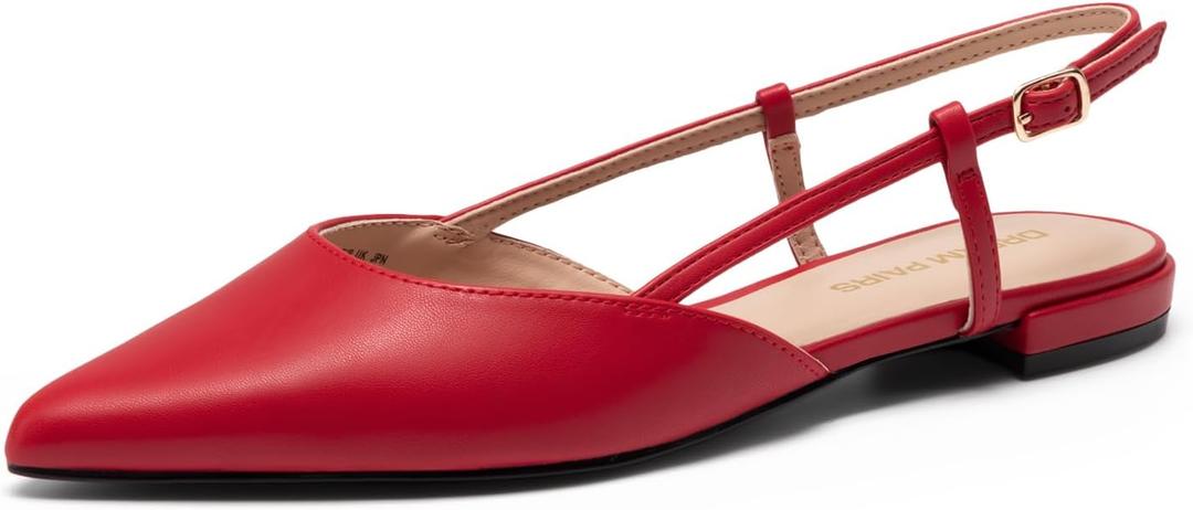 DREAM PAIRS Slingback Flats for Women, Pointed-Toe Elegant Women's Ballet Flats with Buckle Strap, Classic Low Heel Dress Shoes for Casual Work Office Party (8.5, Red)