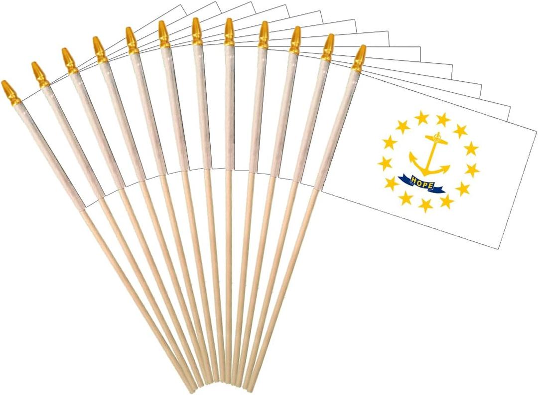 Rhode Island State Handheld Stick Flag 4x6 Inch 12 Pack Small Mini RI Flag On Wooden Stick For Patriotic Festival Events Party Decoration(RI, 4X6 In)