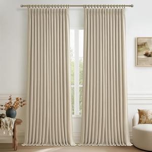 Memory Trained Pinch Pleated Extra Wide 70 Inch Blackout Bedroom Curtains 96 Inches Long 2 Panels Set, Linen Thermal Soundproof Farmhouse Oatmeal Living Room Windows Curtain Natural 8 FT Length Drapes