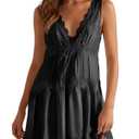 Wenrine Womens Summer Sleeveless Mini Dress Casual Satin Lace V Neck Tiered Ruffle Loose Sexy A Line Babydoll Dresses Black, Large
