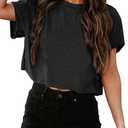 Tankaneo Women Short Sleeve Cropped T-Shirts Crew Neck Loose Crop Tops Summer Casual Drop Shoulder Basic Tees M