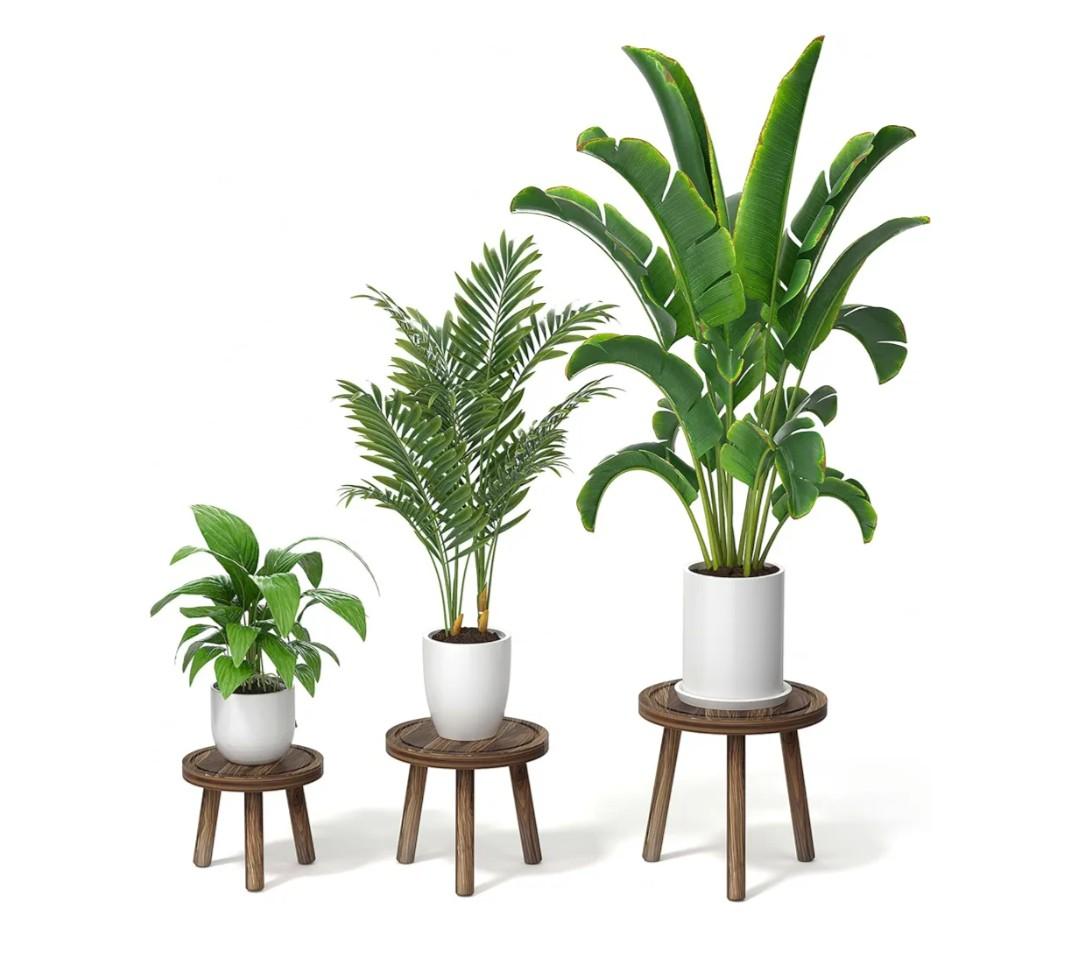 3-Pack Wood Plant Stands Indoor, Single Plant Stand for 6-12 Inch Pots, Mid-Century Modern Plant Stool, Tall Plant Stand for Large Plants for Living Room, Balcony, Office (Dark Brown)