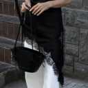 Women Lace Trim Satin High Low Tops Silk Spaghetti Strap Asymmetrical Side Split Cami Top Flowy Silky Layering Tops (Black, S)