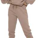 Viatabuna Women's 2 Piece Fleece Sweatsuit Outfit Long Sleeve Crewneck Pullover Sweatshirt Drawstring Jogger Pants Lounge Set (Brown, XL)
