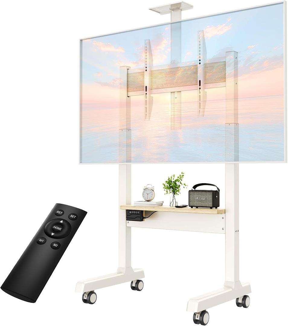 Heavy Duty Mobile TV Stand for 32-100 Inch Large TVs up to 200lbs, Mobile TV Floor Stand on Wheels with Large Storage Pegboard& Wooden Shelf for Bedroom, Living Room, Office (Fit 37"-86" White)