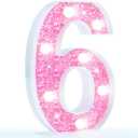 Pooqla Marquee Numbers, Pink Light Up Numbers for Girls 6th Birthday, Battery Powered Glitter Number Night Light Gift for Christmas Bedroom Dorm Room Party Decoration, Cool White Number 6