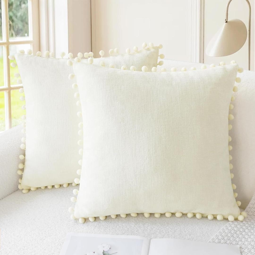 CaliTime Throw Pillow Covers Decorative 20 X 20 Inches Pack of 2 Cozy Solid Dyed Soft Chenille Cushion Cases with Pom Poms for Couch Sofa Bed Living Room Home Cream
