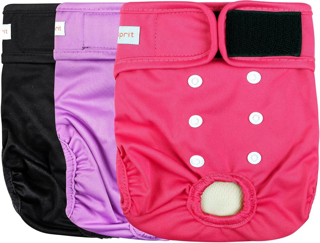 Langsprit Washable Female Dog Diapers (3 Pack) - No Leak Reusable Diapers for Doggy Female in Period - Highly Absorbent Dog Heat Panties with Adjustable Snaps (Black, Pink, Purple, Large)