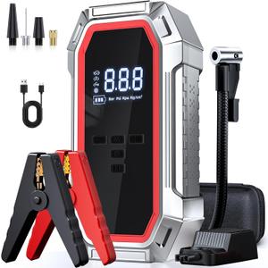 Jump Starter with Air Compressor, 5000A Peak Car Battery Jump Starter(9.0 Gas/8.0L Diesel), 160PSI 12V Jump Box Car Battery Jumper Starter Portable with Smart Jumper Cables, LED Lights, LCD Display (Red)