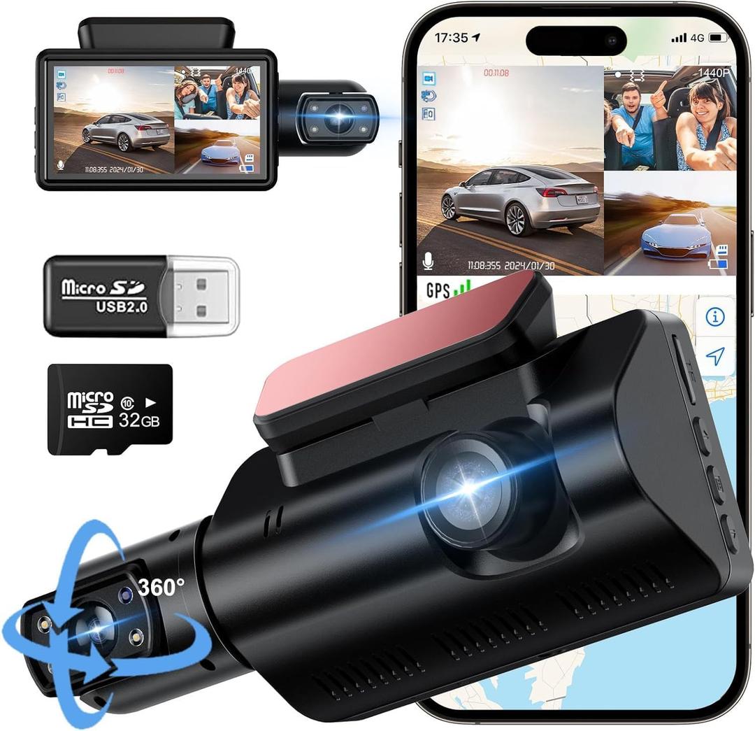 360° Camera for car Camera - Dash cam Front and Rear, Dashcam with 32G SD Card, 2 Channel 1440P + 1080P, 3"" LCD Super IR Night Vision, 24H Parking Mode, Loop Recording