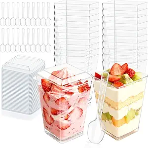 SEANSDA 5oz Plastic Dessert Cups with Lids and Spoons, Clear Yogurt Parfait Cups with Lids, Mini Dessert Cups with Spoons, Small Square Appetizer Cups for Fruit Party Pudding Shooter - 20 Pack