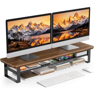 Dual Monitor Stand, 35.4 Inch Monitor Stand Riser for 2 Monitors, 2 Tiers Wood Desk Shelf with Storage, Desktop Organizer Stand for Computer, Laptop, Printer, TV (Black Walnut)