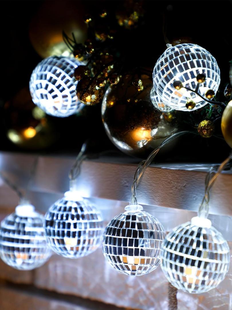 BBTO LED Disco Ball String Light Battery Powered Mirror Balls Ornaments for Outside Backyard Porch 70s 80s Disco Party Supplies(1.57 Inch, Silver White)