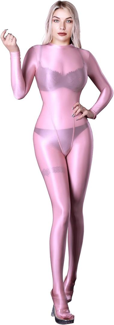 Ultra Sheer Full Bodysuit for Women Long Sleeves Shiny Jumpsuits One-Piece Glossy Catsuit Nylons Full Body Leotard