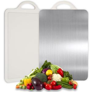 15.2X10.5 In Stainless Steel Cutting Board, Double Sided Steel Cutting Board for kitchen Pack of 1, Stainless Steel/Wheat straw pp Large Cutting Board for meat, Dishwasher Safe (White)
