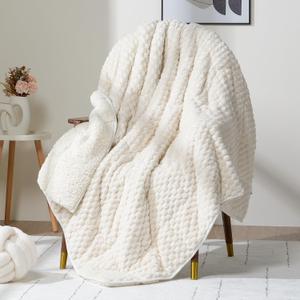 Wemore Fleece Weighted Blanket for Adults (48" x 72" 12lbs, Cream White), Dual Sided Cozy Soft Sherpa Heavy Blanket, 3D Imitation Turtle Shell Warm Jacquard Flannel Weighted Blankets for Couch and Bed