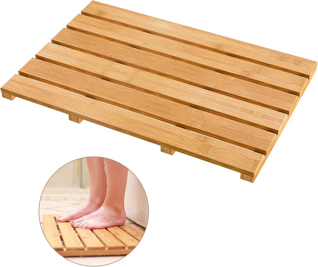 Bath Mat for Luxury Shower - Non-Slip Bamboo Sturdy Water Proof Bathroom Carpet for Indoor or Outdoor Use (21.3 x 14.2 x 1.2 inches, Natural)