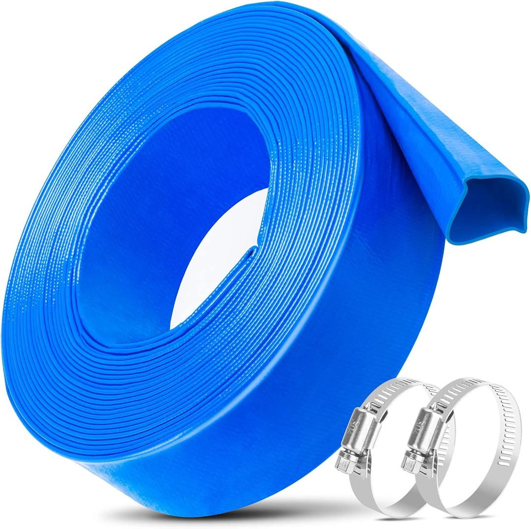 Jin&Bao 2" Diameter Pool Backwash Hose 25FT with Clamp, Heavy Duty Weather and Burst Resistant Swimming Drainage Hoses, Flexible Lay Flat Discharge Tubing for Water Disposal (Blue)