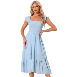 Allegra K Boho Midi Dress for Women's Square Neck Ruffle Tiered Flowy Smocked Sundress (Blue, XS)