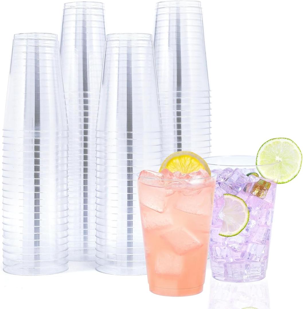 BYSNOW 100 Pack 14 oz Clear Disposable Plastic Cups, Clear Plastic Cups Tumblers Cocktail Party Glasses, Elegant Disposable Decoration Cup for Thanksgiving, Wedding