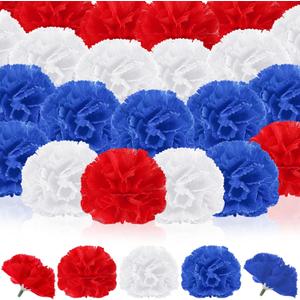 Syhood 50 Pcs 4th of July Marigold Flower Bulk Memorial Day Decorations Patriotic Flowers for Floral with Stems DIY Garland(2.4 Inch, Independence Day Colors) (Blue, Red, White)