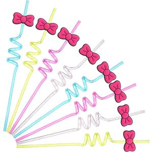 Potchen 16 Pcs Kitty Party Favors Pink Bow Spiral Drinking Straws Colorful Kitty Birthday Party Decorations for Christmas Kitten Supplies