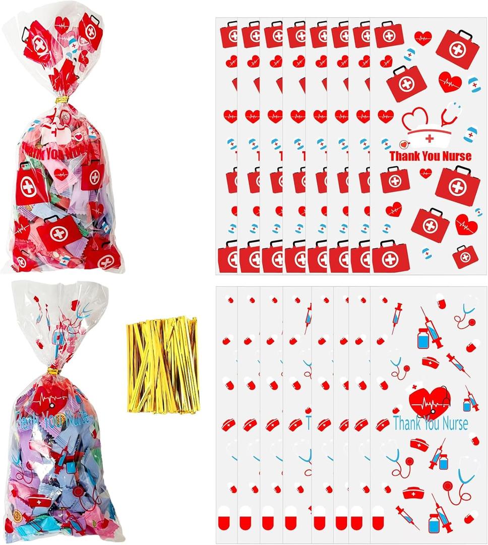 Qpout 100 PCS Nurses Week Gift Bags Bulk 2025, Thank You Cellophane Bag, Nurse Week Clear Gift Bags Small, Nurse Day Nursing Graduation RN Party Favors Goodie Candy Treat Snack Bag, 1 Count