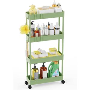 LEHOM 5.1" Slim Storage Cart - 4 Tiers Bathroom Organizer Mobile Shelving Unit Storage Rolling Utility Cart Slide Out Organizer for Kitchen Bathroom Laundry Narrow Places, Green (Light Bean Green)