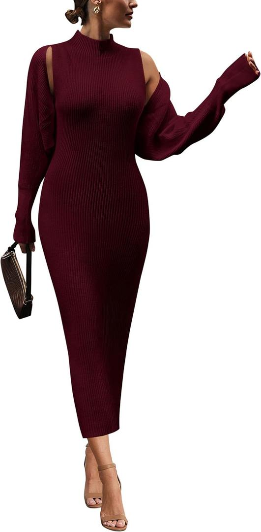 PRETTYGARDEN Womens Fall 2 Piece Outfits Bodycon Maxi Tank Pullover Sweater Dress and Long Sleeve Cropped Cardigan Knit Sets (Large, Wine Red)