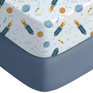 Yoofoss Pack and Play Sheets Fitted, Mini Crib Sheets 2-Pack for Pack N Play Mattress, Stretchy Playard Sheet, Soft and Breathable Blue Rocket