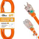 Indoor Outdoor Extension Cord Weatherproof with Lighted End, UL Listed, 12 Gauge 6FT Orange 3 Prong Heavy Duty, 12/3 SJTW 15A Power Cord for Outdoor Lights, Lawn