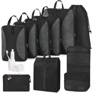 TRMFUSA Compression Packing Cubes 8 Set, Suitcase Organizers, Extendable Packing Cubes, Black
