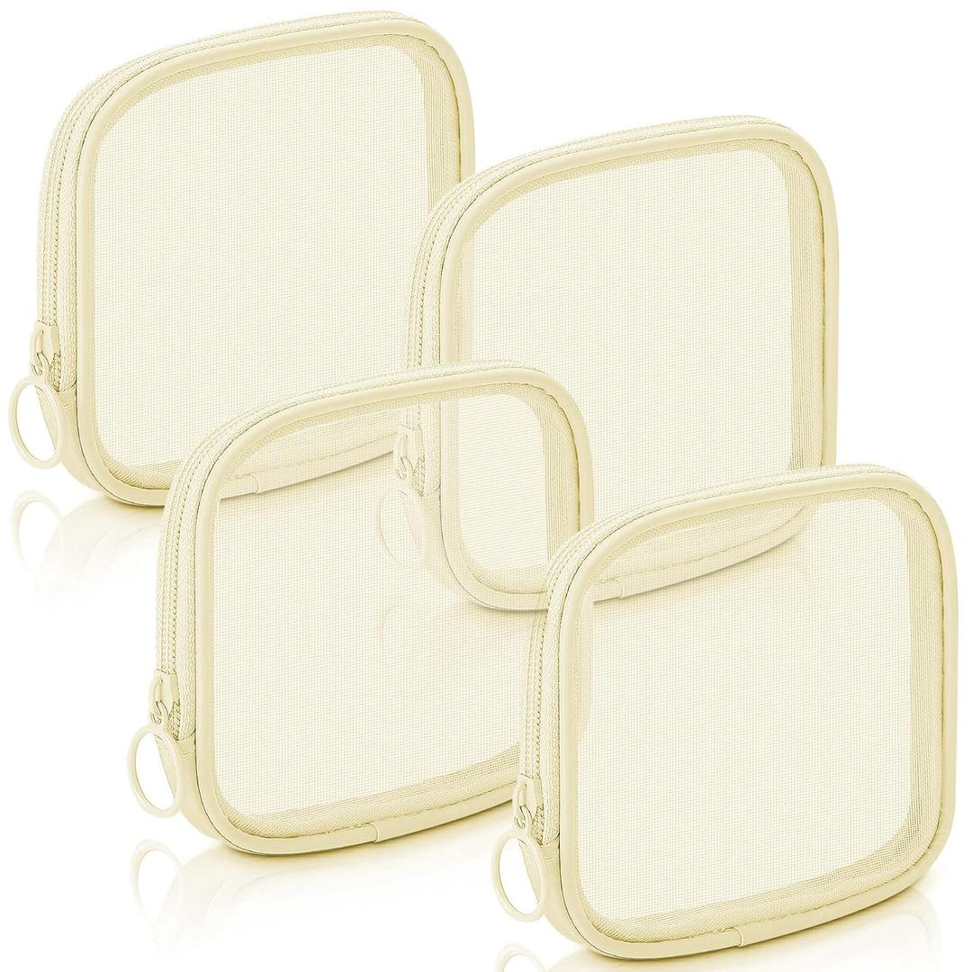 Weewooday 4 Pcs Mesh Makeup Bag Mesh Cosmetic Bag Travel Toiletry Pouch with Zipper Mini Makeup Cosmetic Purse for Daily Accessory(Small, Beige)