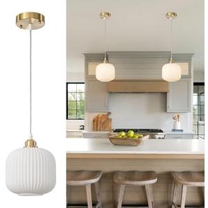 WILON 7.48'' Milk Glass Pendant Light Fixture Vintage White Ribbed Glass Pendant Light, 1-Light Farmhouse Striped Glass Pendant Light for Indoor Bedroom Kitchen Island Living Room